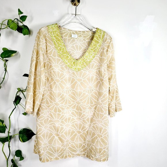 CALYPSO Beige Floral 100% Cotton Tunic Top Swim Cover Dress MEDIUM Embroidered - Picture 4 of 13